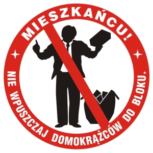     Mieszkańcu! Nie wpuszczaj domokrążców do bloku - Tabliczka na drzwi