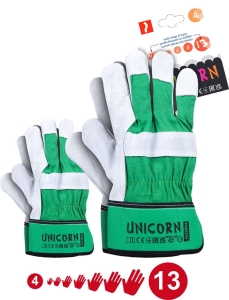     Rękawice robocze wzmacniane skórą zielono-jasnoszare UNICORN ZJS