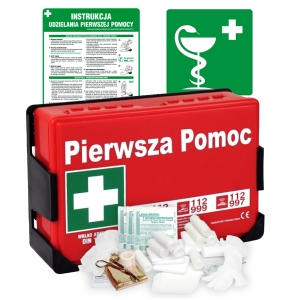     Zestaw: Apteczka zakładowa z uchwytem + Instrukcja udzielania pierwszej pomocy + znak Apteczka