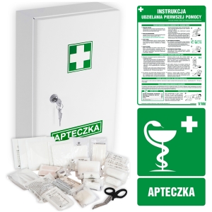     Zestaw: Apteczka metalowa + Instrukcja udzielania pierwszej pomocy + znak Apteczka