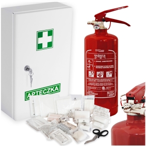     Zestaw: Gaśnica proszkowa 2kg + apteczka metalowa
