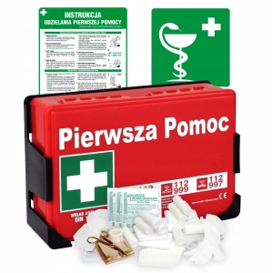     Zestaw: Apteczka zakładowa z uchwytem + Instrukcja udzielania pierwszej pomocy + znak Apteczka