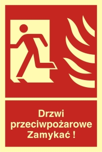     Drzwi przeciwpożarowe. Zamykać! Kierunek drogi ewakuacyjnej w lewo - Znak przeciwpożarowy